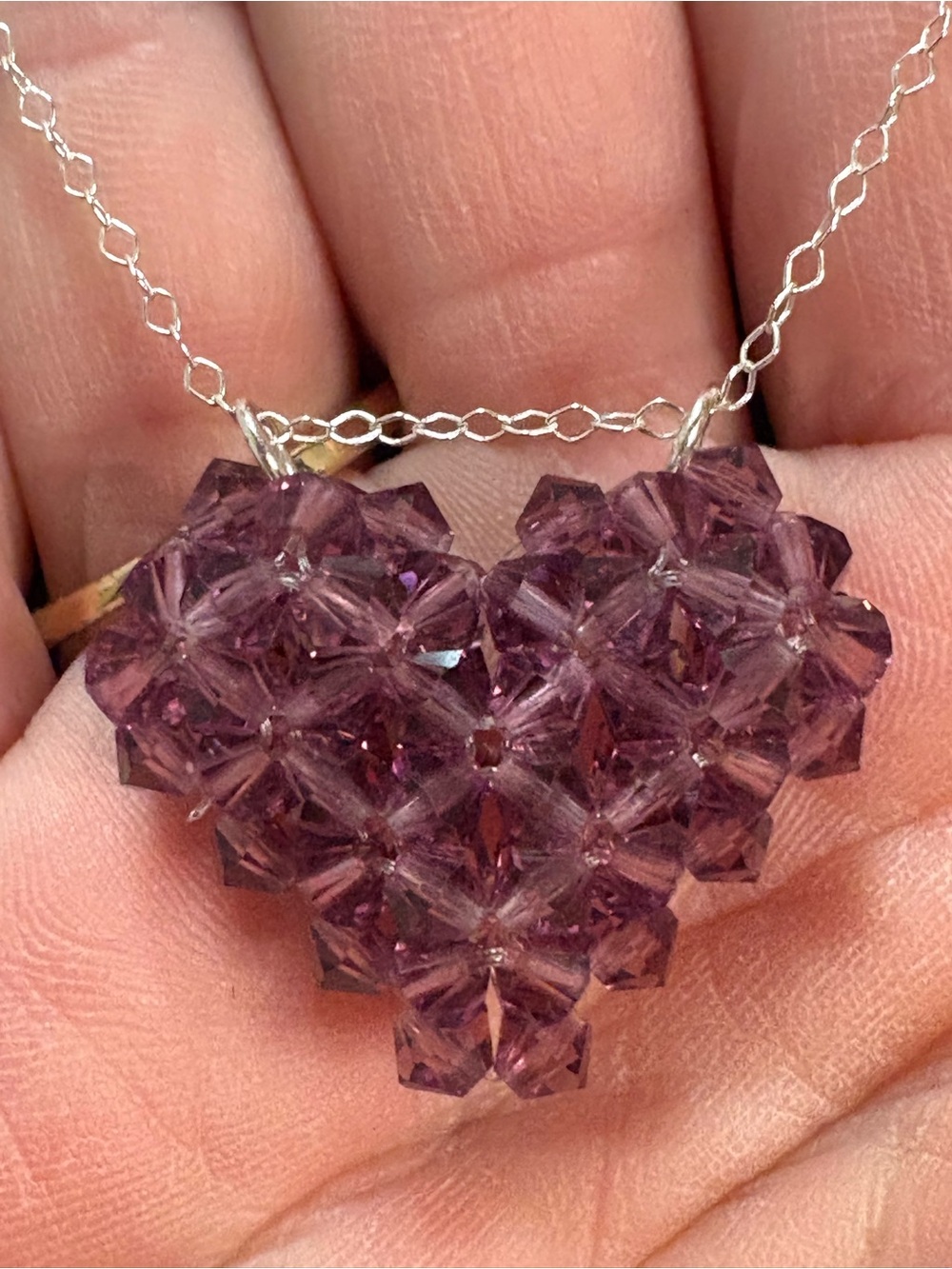 Sparkling Purple Crystal Heart Pendant Necklace handmade